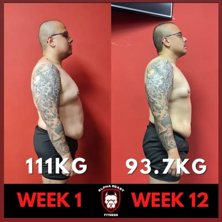 Alpha Beast client before and after: 111kg reduced to 93.7kg between week one and week twelve