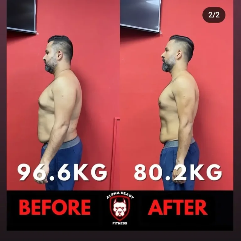 Alpha Beast client before and after: 96.6kg reduced to 80.2kg