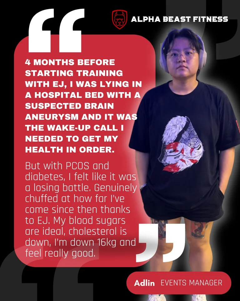 Alpha Beast Fitness testimonial card for Adlin, events manager, reproducing her full account of training with EJ